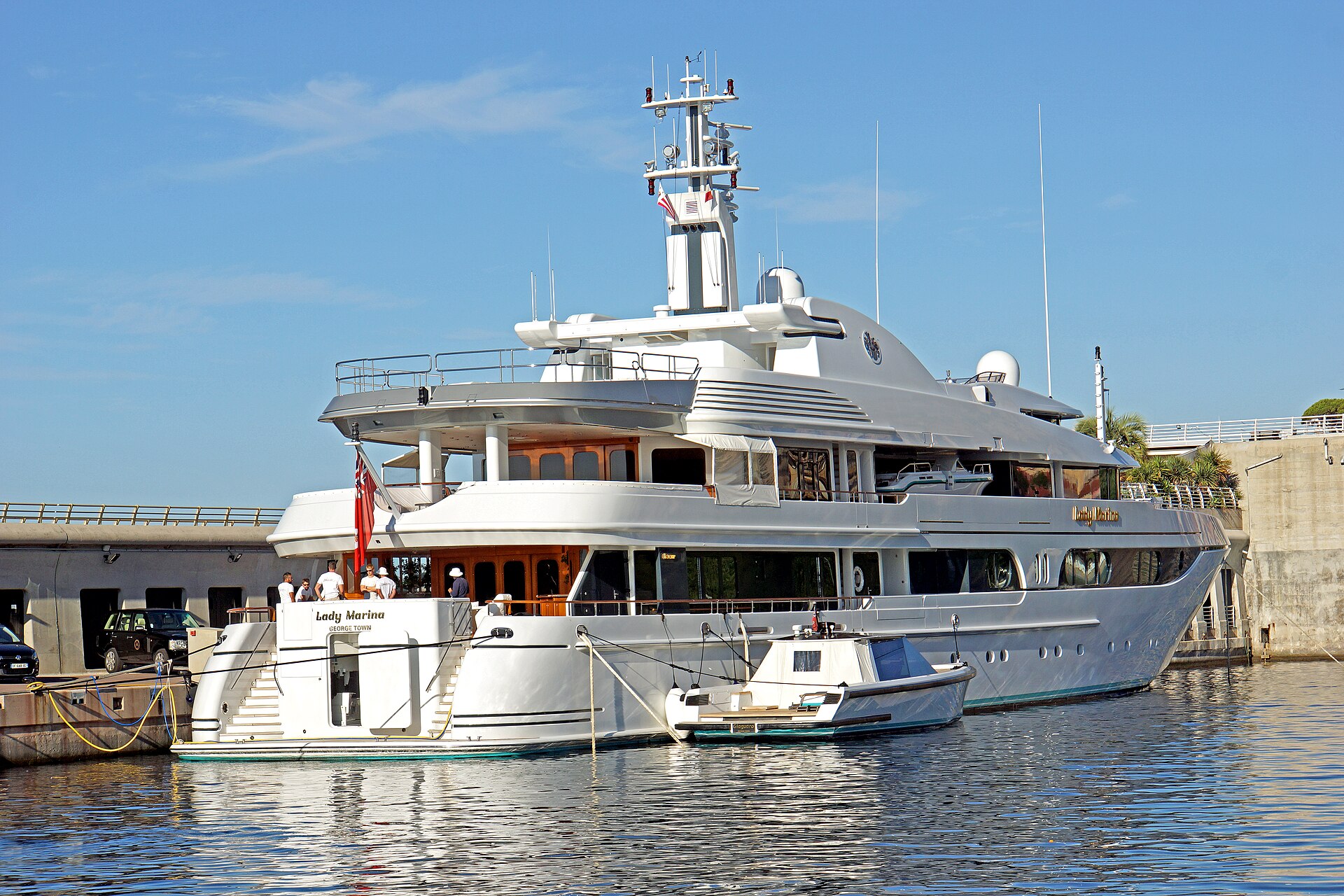A superyacht moored alongside the quay in Monaco harbour