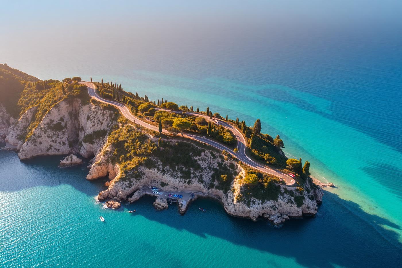 Aerial view of the French Riviera coastline with a corniche road above turquoise water