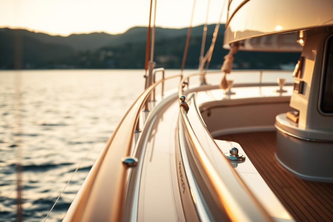Teak and brass detail on the deck of a yacht at golden hour on the French Riviera